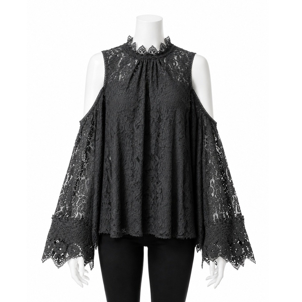 Roaman's Women 24W Top Black Lace Cold Shoulder Bell Sleeve Mock Neck Goth Boho